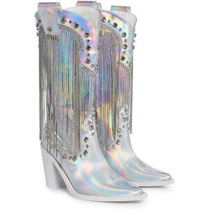 Perfect Cowboy Boots Leather Footwear With Rhinestone Fringe and Jewel Studs